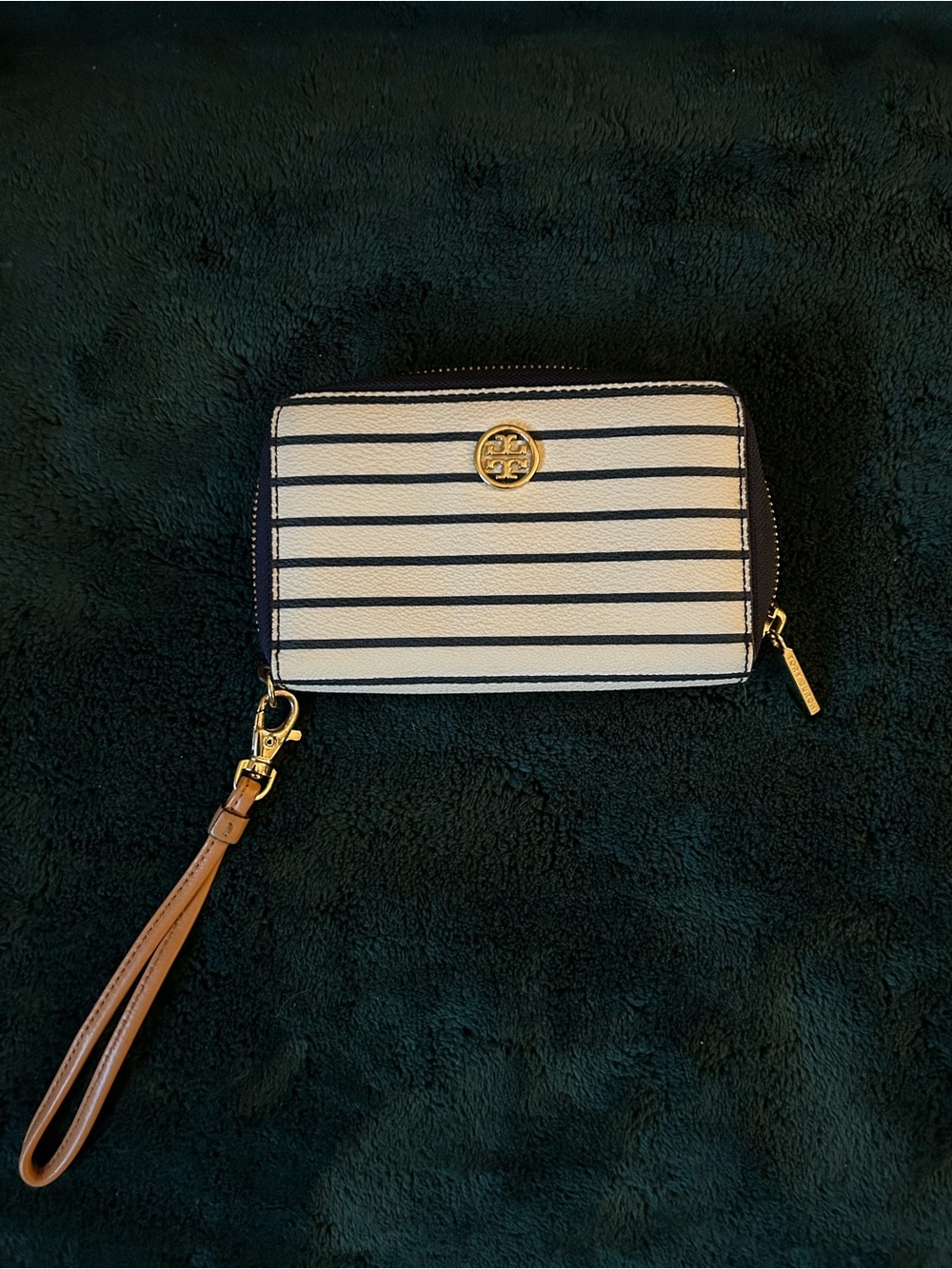 Tory Burch Striped Wristlet Zipper Wallet White Navy Gold Logo - Like New